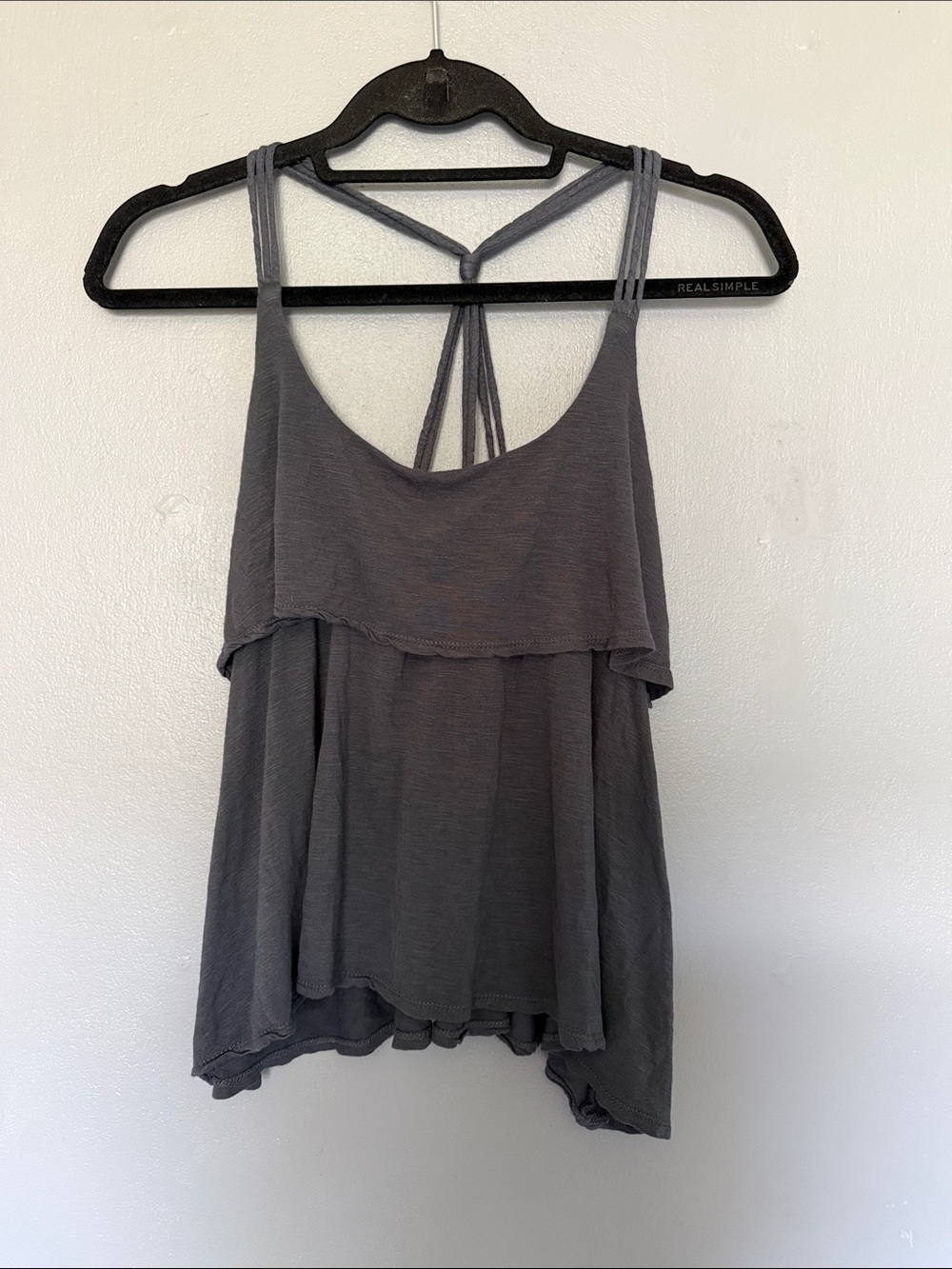 Kirra Charcoal Gray Boho Tiered Ruffle Tank Top - Strappy Open Back - Size Small